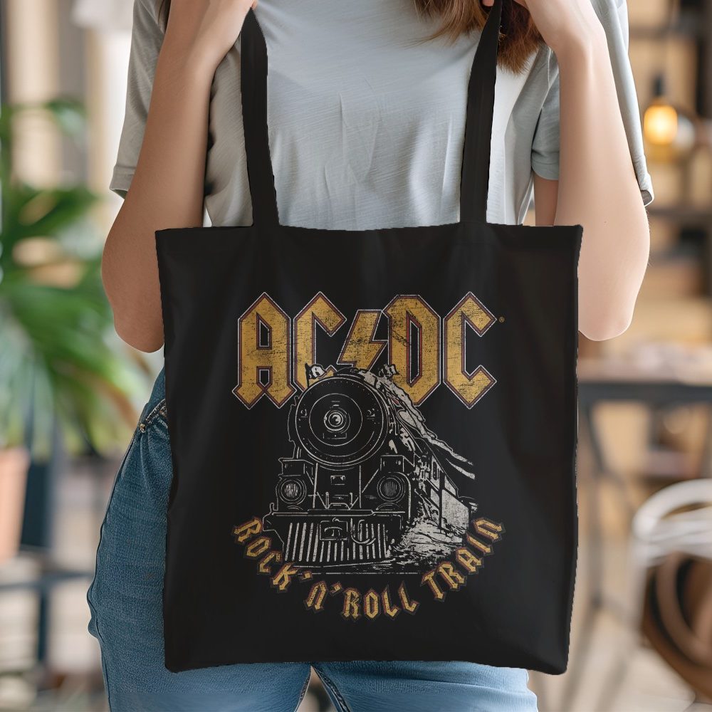 Tote bag coton bio ACDC avec un design de ACDC Rock n' Roll Train blanc