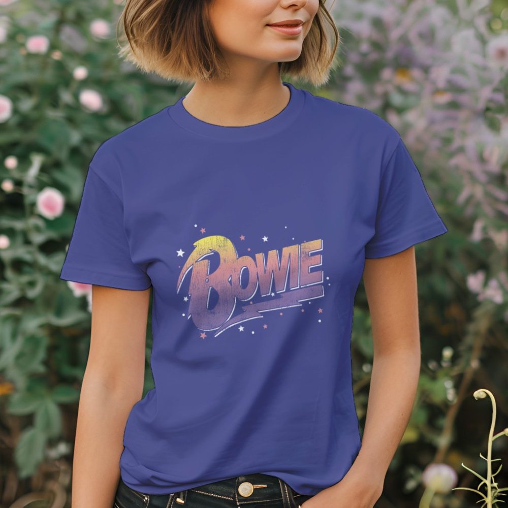 T-shirt Femme Bowie avec un design de Bowie Dégradé jaune violet stars