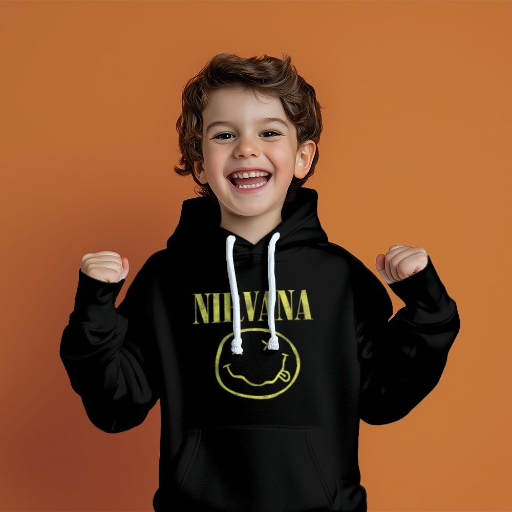 Pull à capuche Enfant Nirvana avec un design de Nirvana Smiley jaune