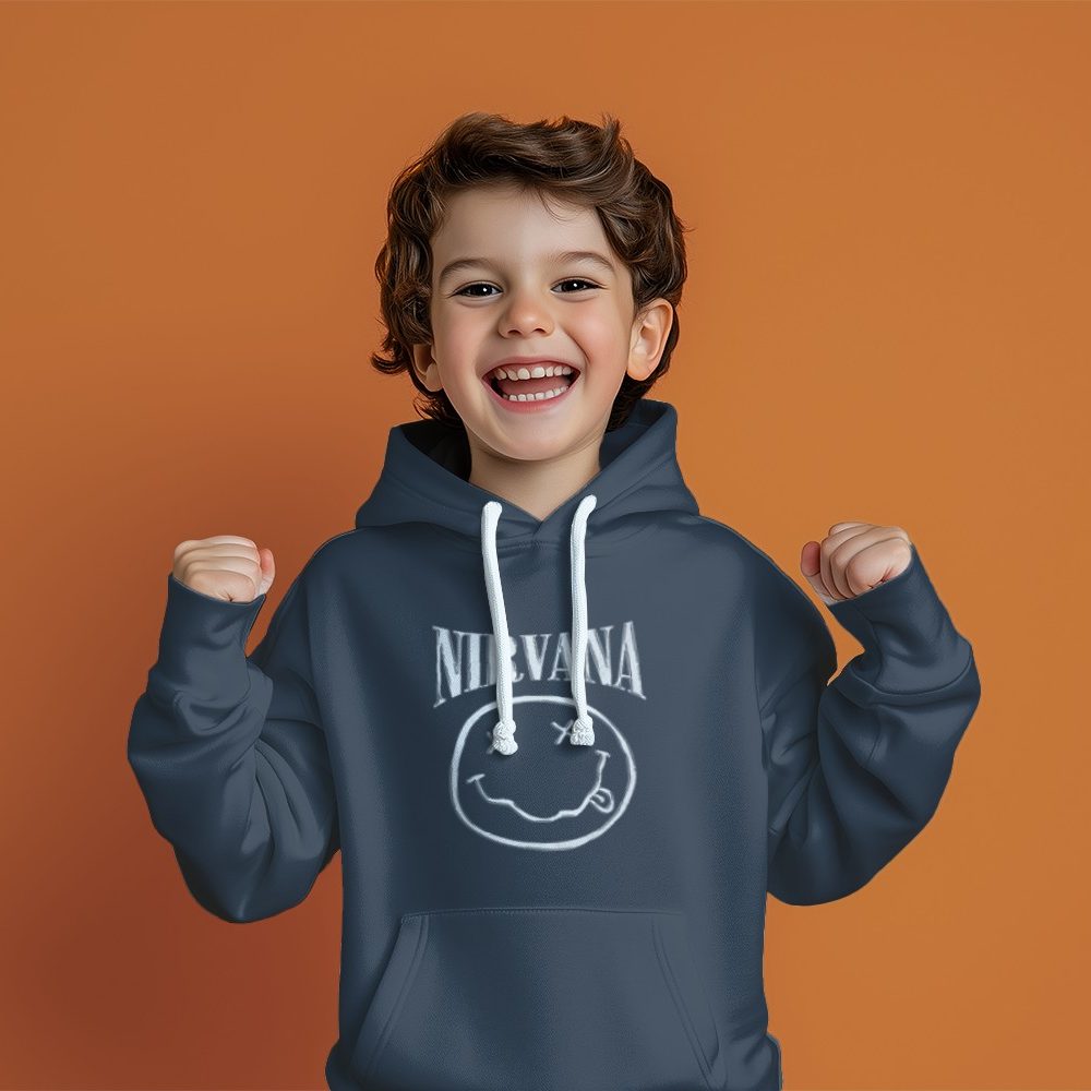 Pull à capuche Enfant Nirvana avec un design de Nirvana Smiley Artwork blanc