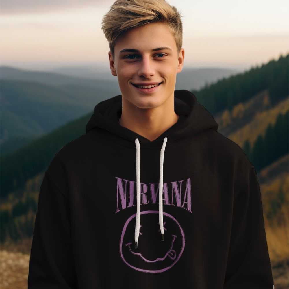 Pull à capuche Enfant Nirvana avec un design de Nirvana Smiley Artwork mauve
