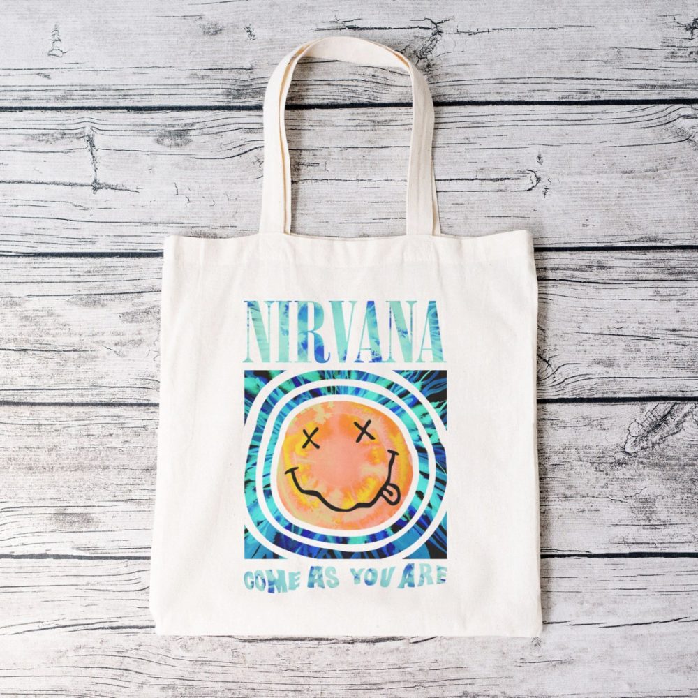 Tote bag coton bio Nirvana avec un design de Nirvana Come As You Are bleu