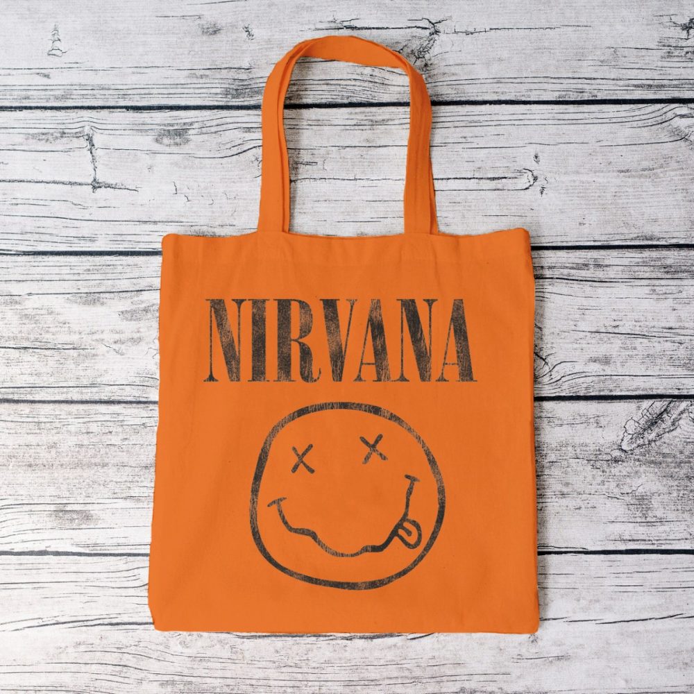 Tote bag coton bio Nirvana avec un design de Nirvana Smiley noir