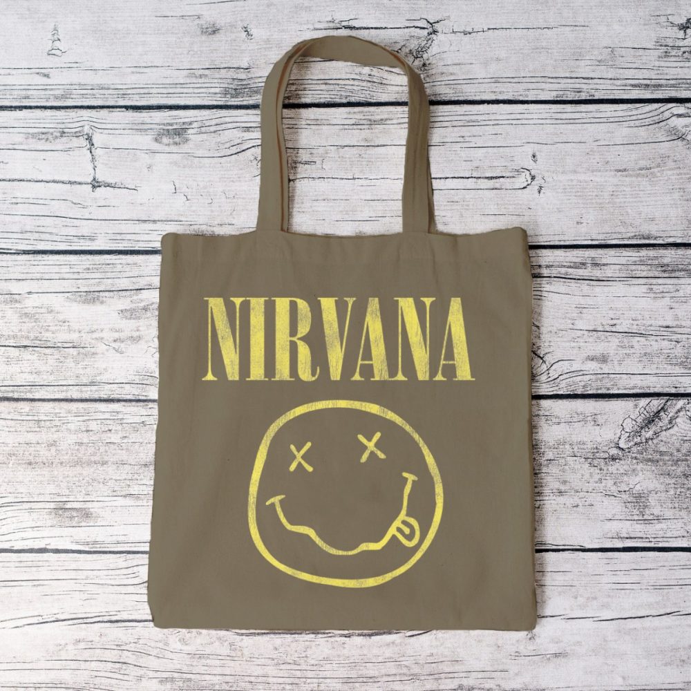 Tote bag coton bio Nirvana avec un design de Nirvana Smiley jaune