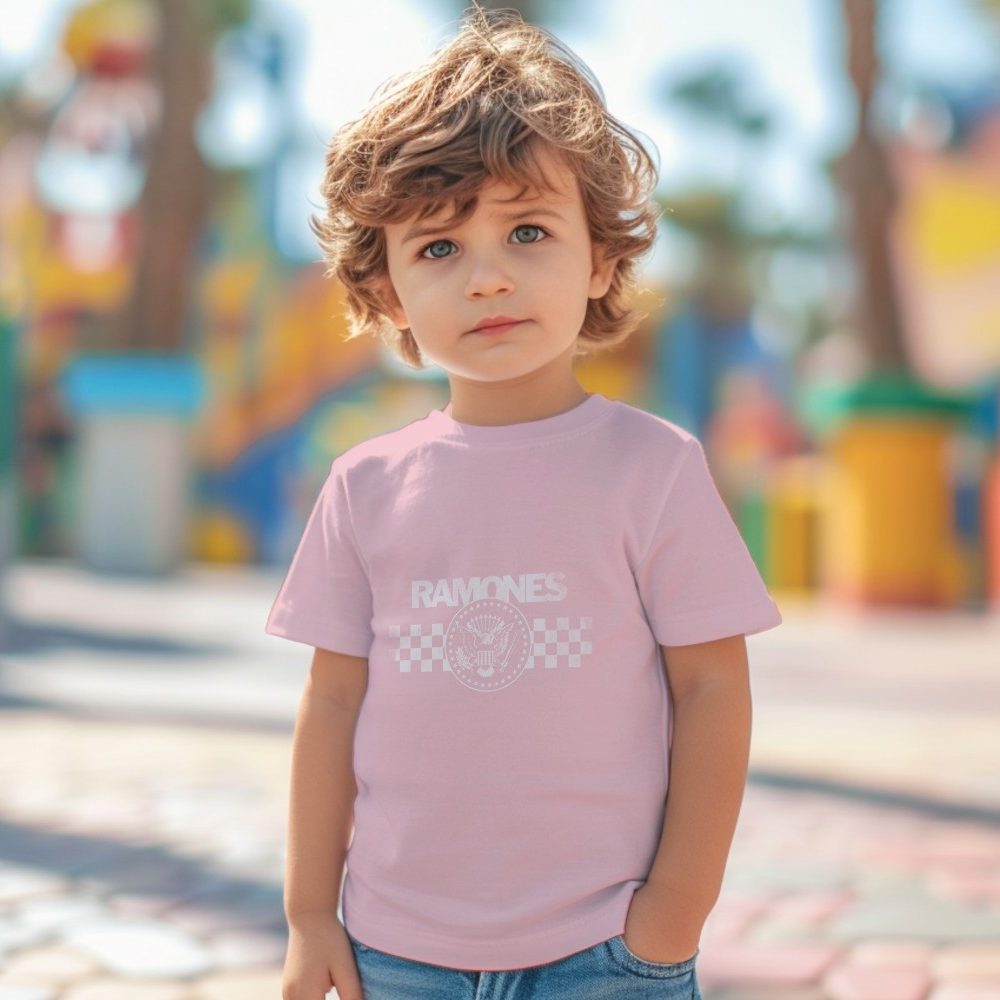 T-shirt coton bio Bébé Ramones avec un design de Ramones Hey Ho Lets's Go blanc