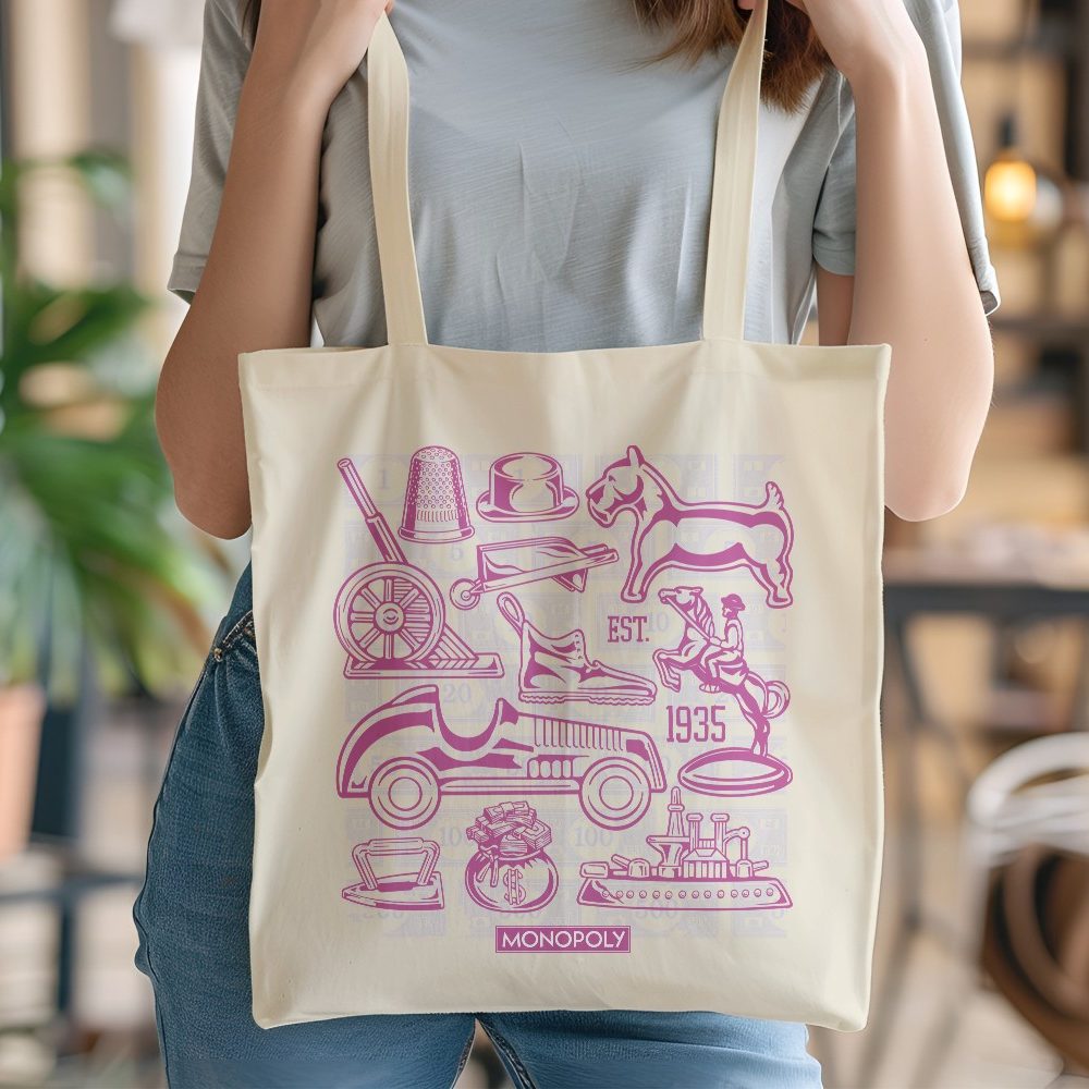 Tote bag coton bio Monopoly avec un design de Monopoly Pions violet
