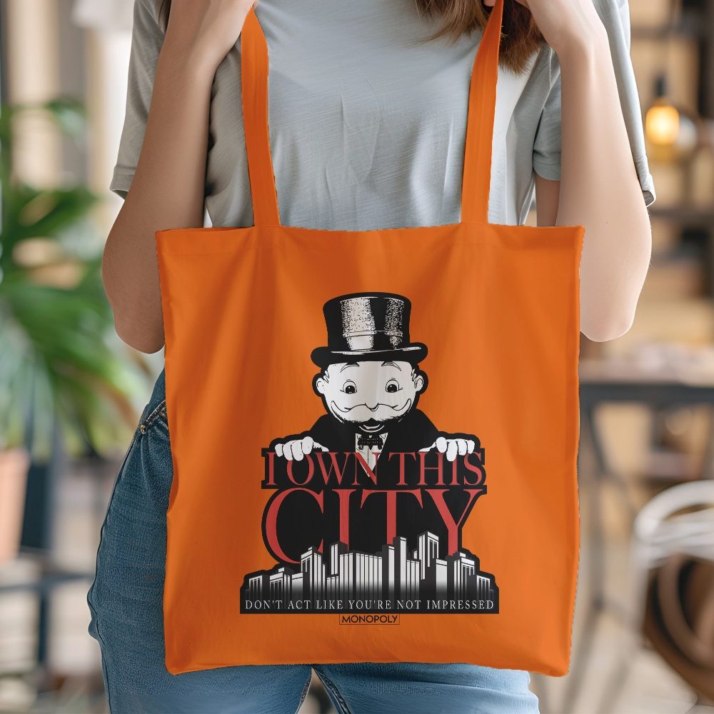 Tote bag coton bio Monopoly avec un design de Monopoly I Own This City noir