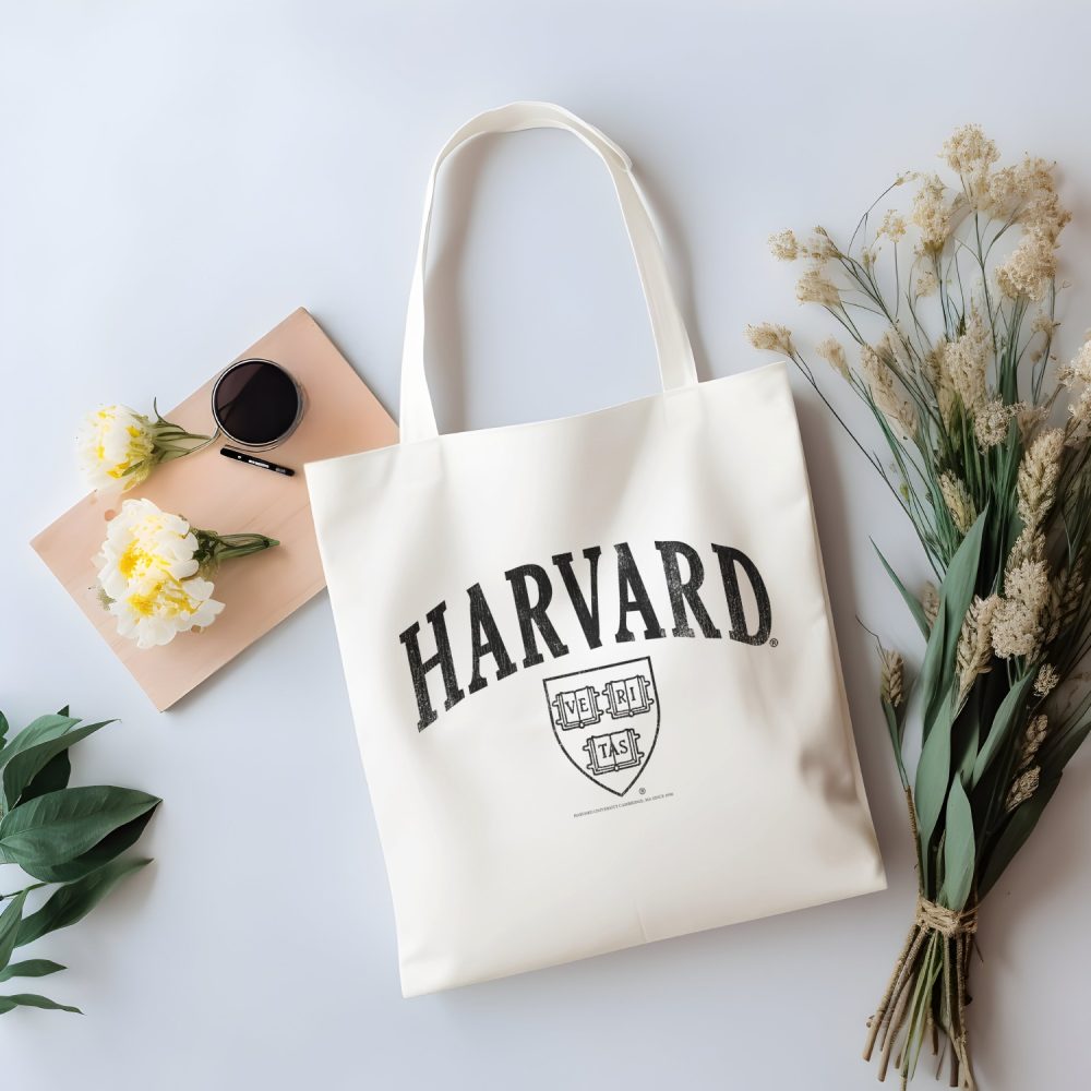 Tote bag coton bio Harvard avec un design de Harvard Arc Écusson Used Contour noir