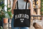 Tote bag coton bio Harvard avec un design de Harvard Arc Écusson Used blanc