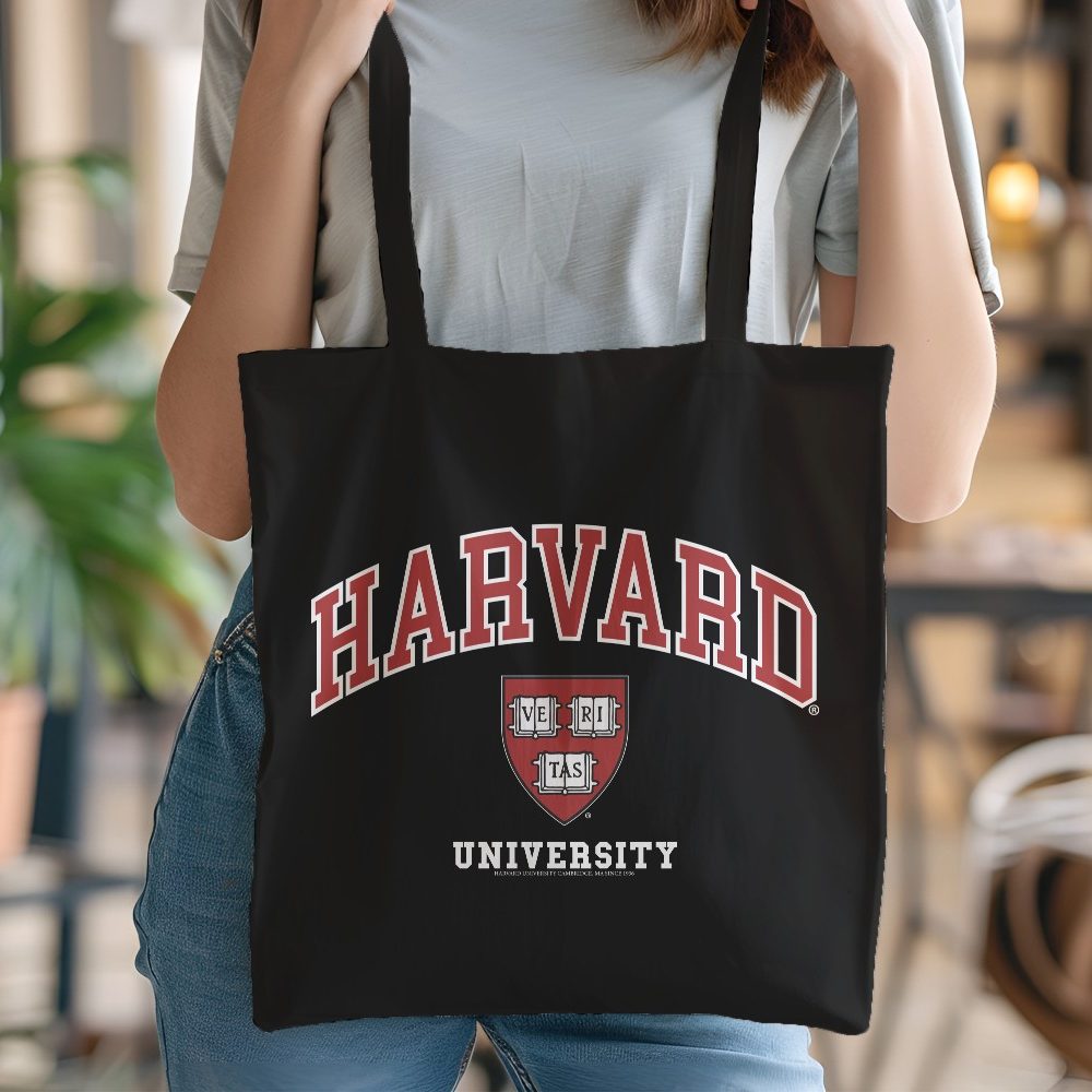 Tote bag coton bio Harvard avec un design de Harvard Arc Écusson University blanc