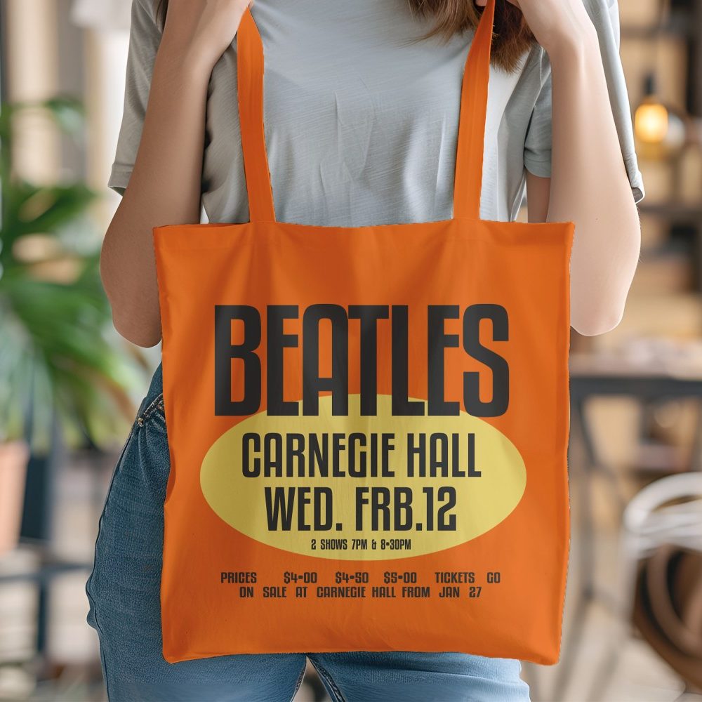 Tote bag coton bio The Beatles avec un design de The Beatles Carnegie Hall jaune