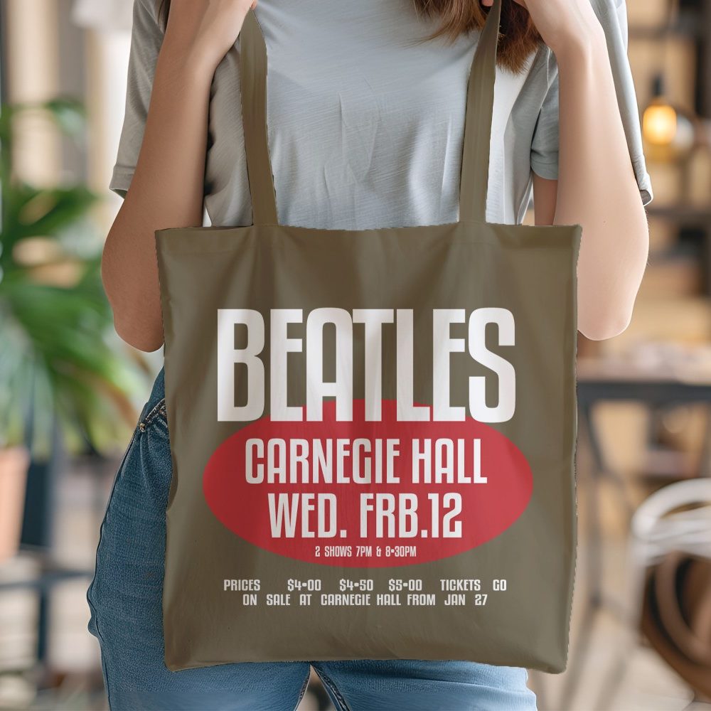 Tote bag coton bio The Beatles avec un design de The Beatles Carnegie Hall rouge