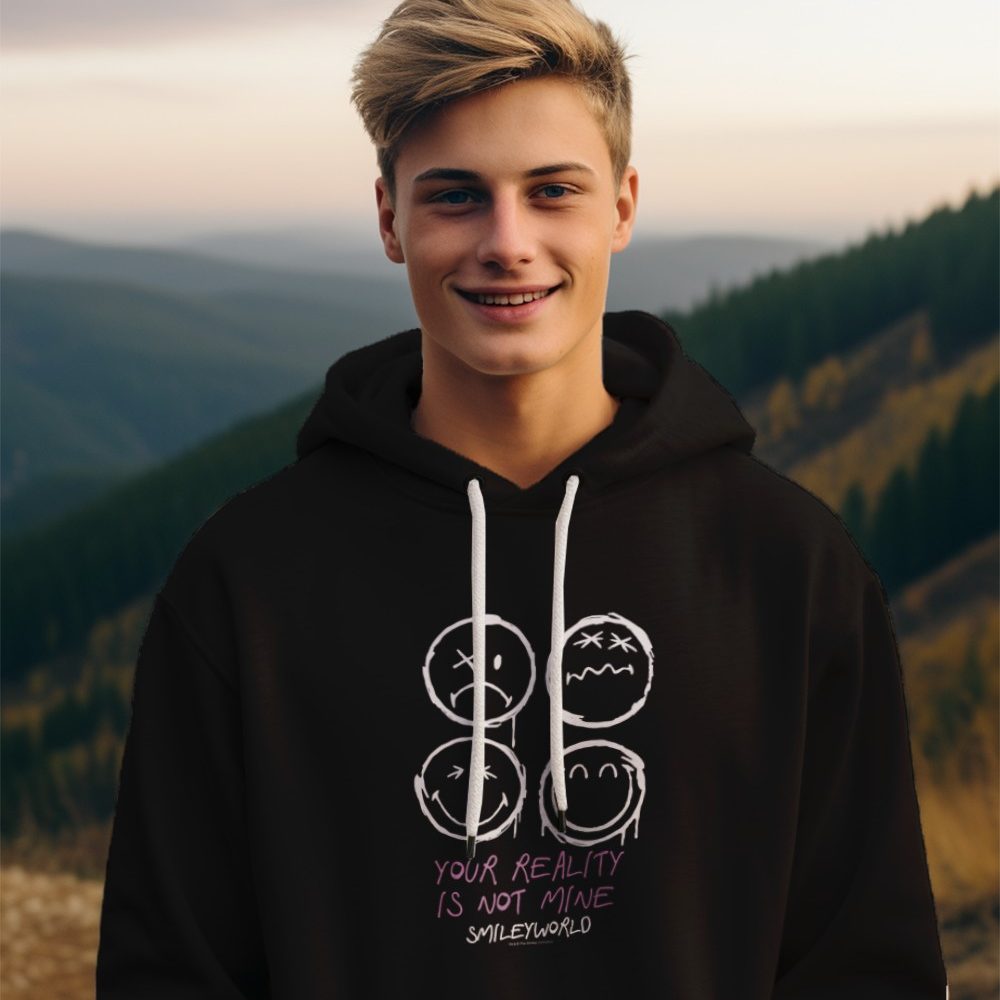 Pull à capuche Enfant Smiley World avec un design de Smiley World Your Reality Is Not Mine blanc