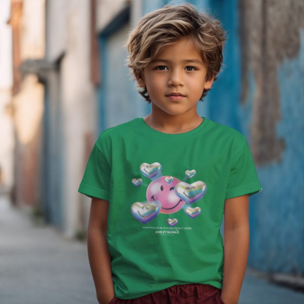 T-shirt Enfant Smiley World avec un design de Smiley World Happiness Is Found Right Here blanc
