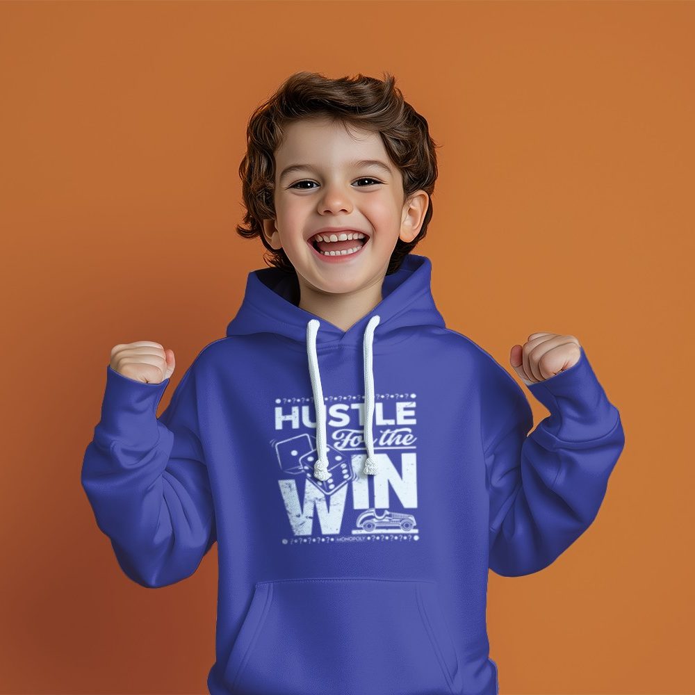 Pull à capuche Enfant Monopoly avec un design de Monopoly Hustle For The Win blanc