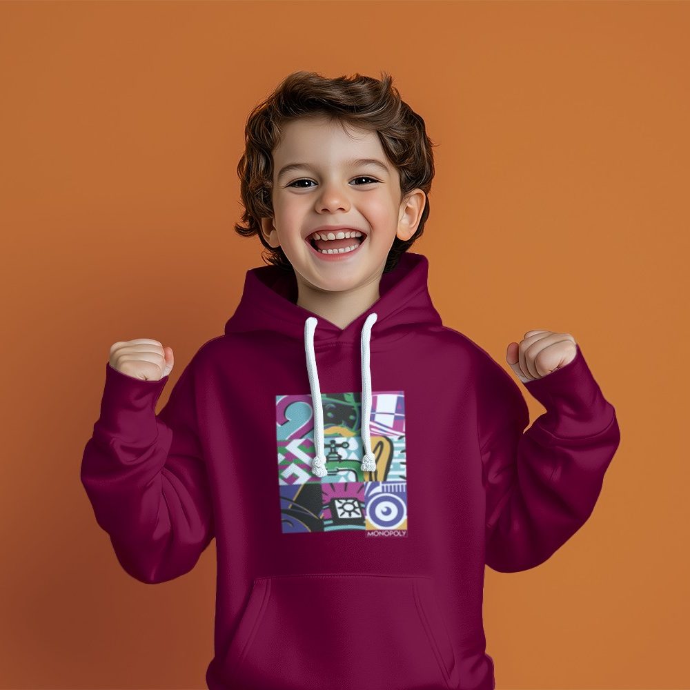 Pull à capuche Enfant Monopoly avec un design de Monopoly Symbols blanc