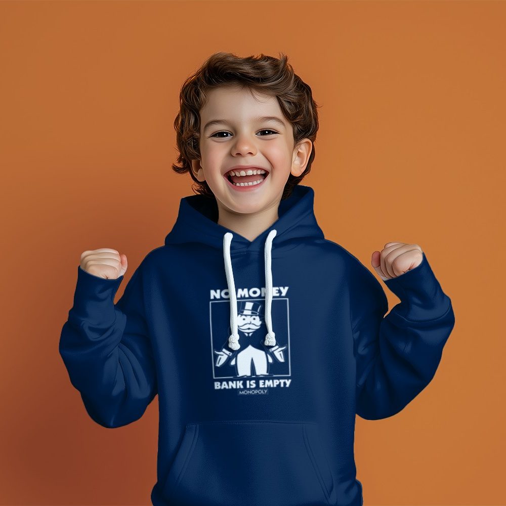 Pull à capuche Enfant Monopoly avec un design de Monopoly No Money blanc