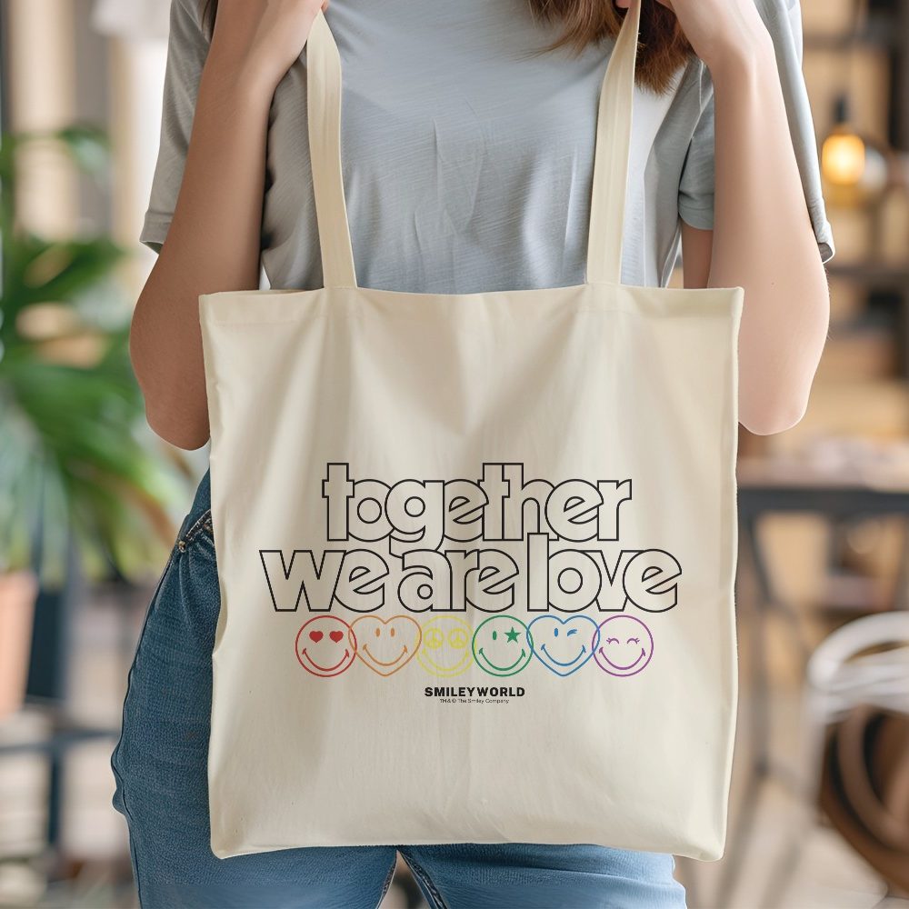 Tote bag coton bio Smiley World avec un design de Smiley World Together We Are Love noir