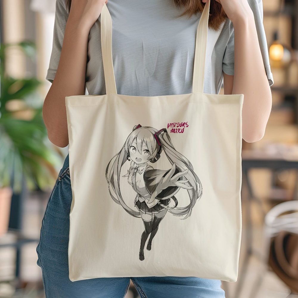 Tote bag coton bio Hatsune Miku avec un design de Hatsune Miku Vedette gris