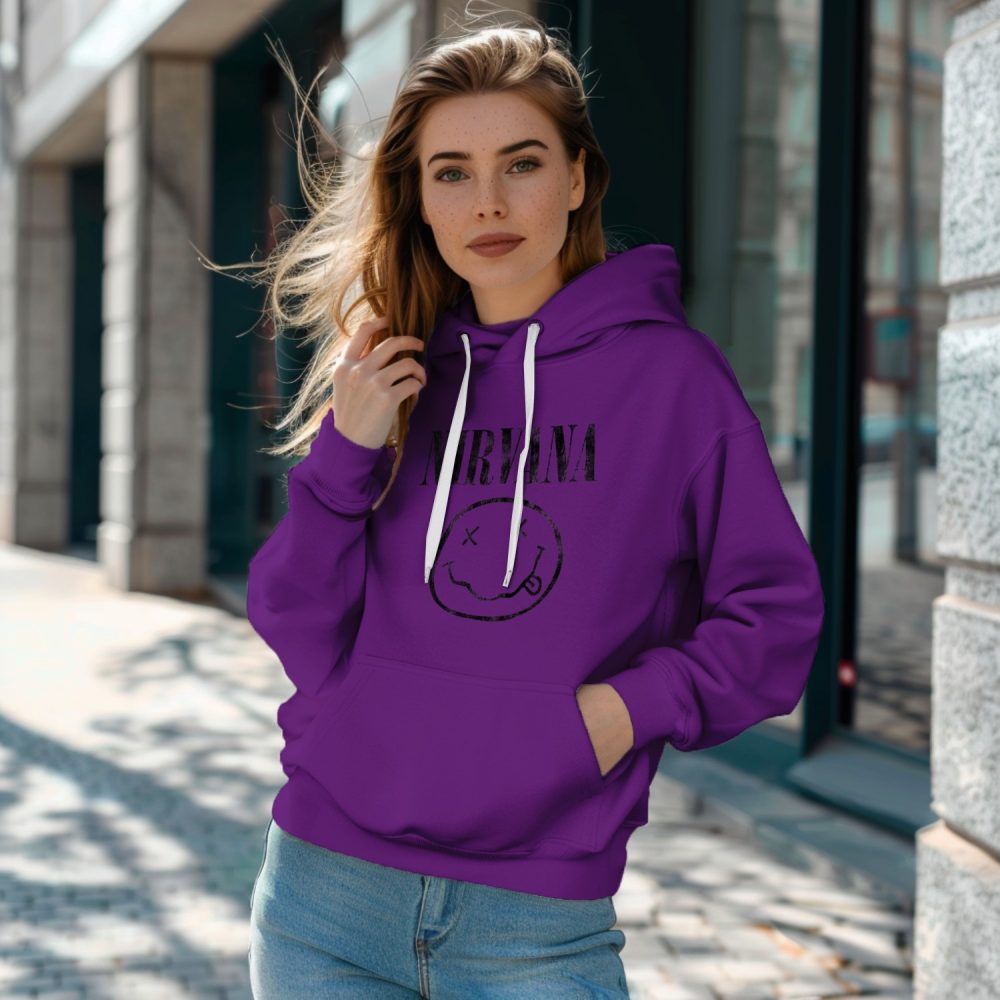 Sweat-shirt à capuche Femme Nirvana avec un design de Nirvana Smiley noir