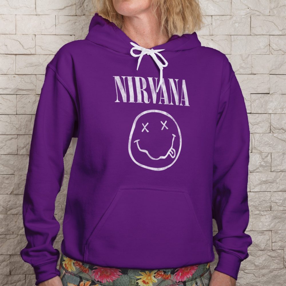 Sweat-shirt à capuche Femme Nirvana avec un design de Nirvana Smiley blanc