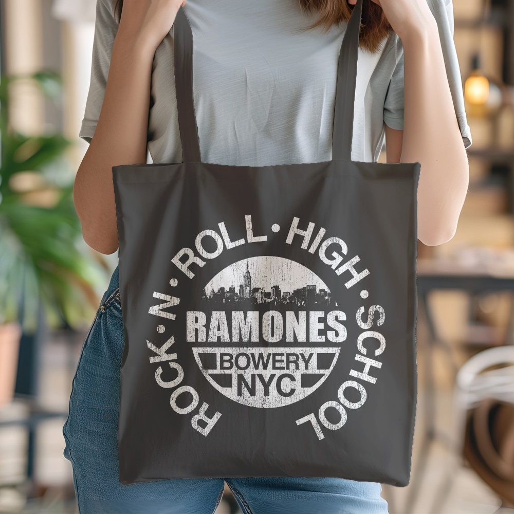 Tote bag coton bio Femme Ramones avec un design de Ramones Bowery NYC blanc