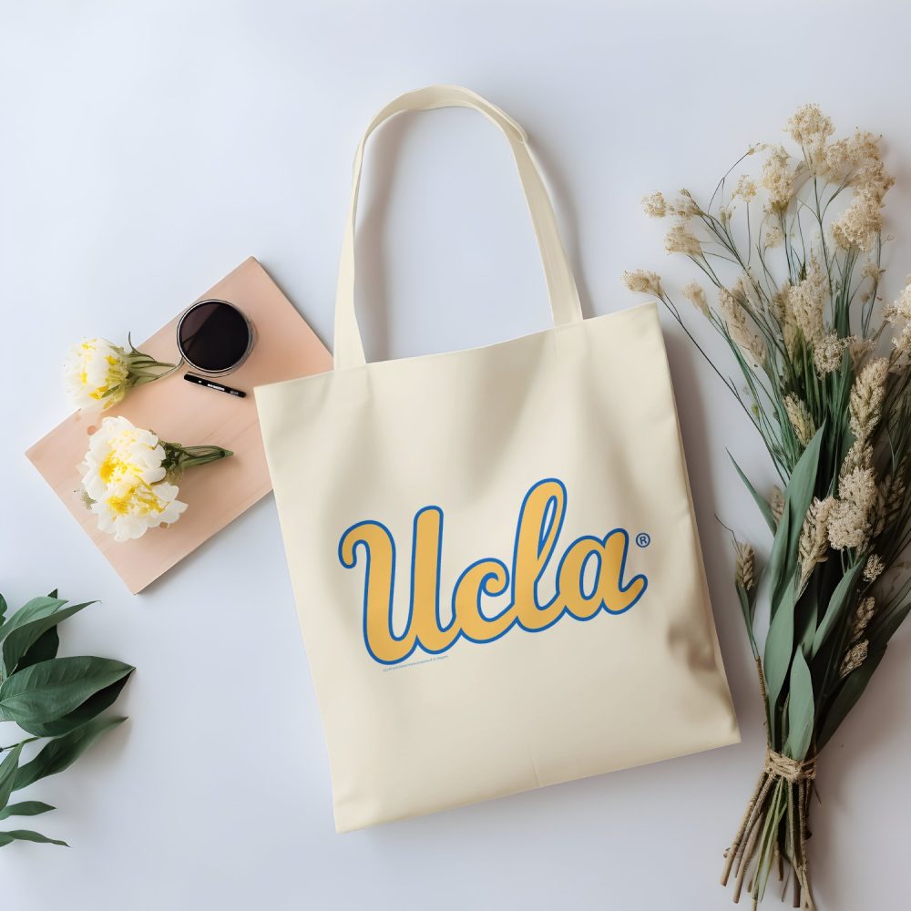 Tote bag coton bio UCLA avec un design de UCLA Curvy jaune contour bleu