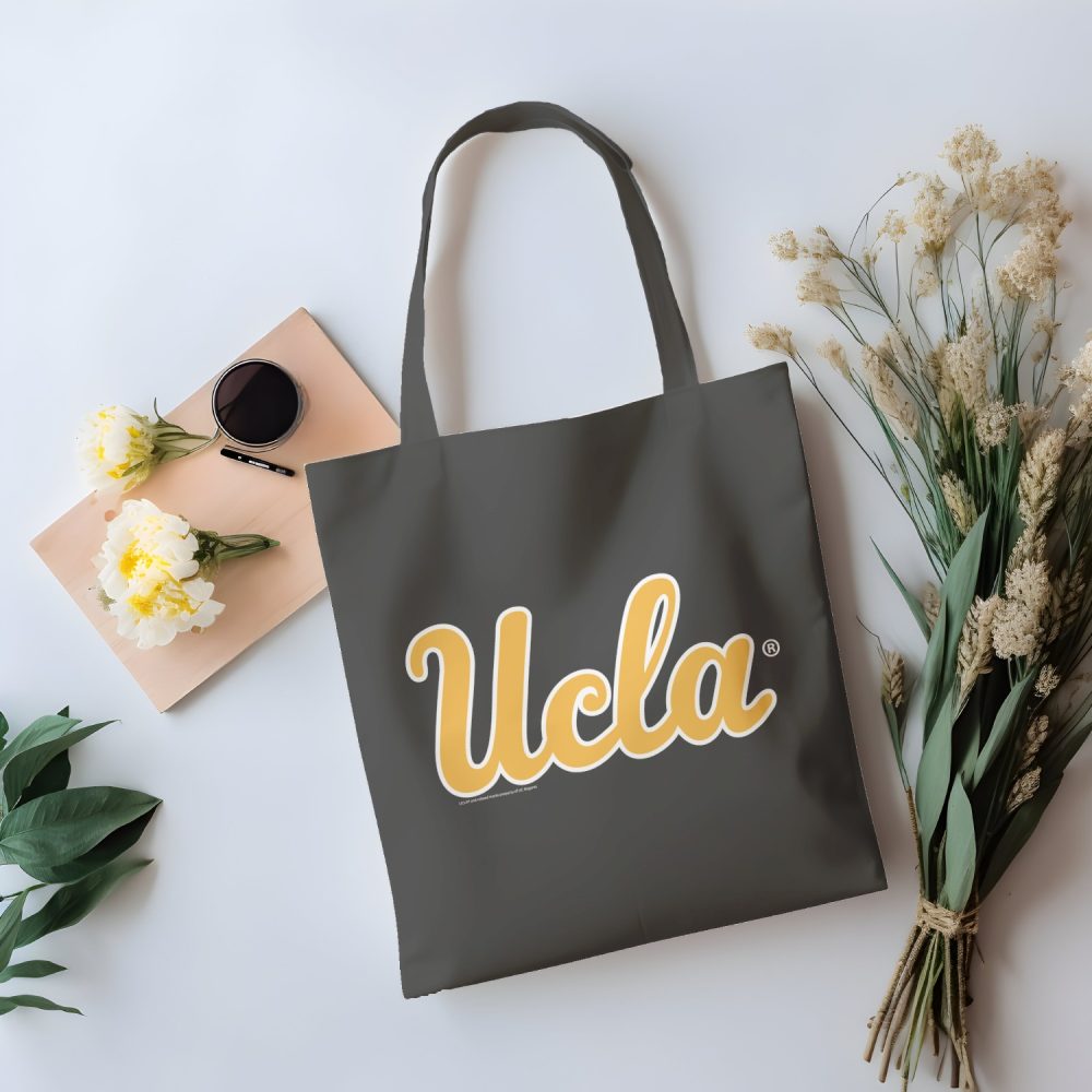 Tote bag coton bio UCLA avec un design de UCLA Curvy jaune contour blanc