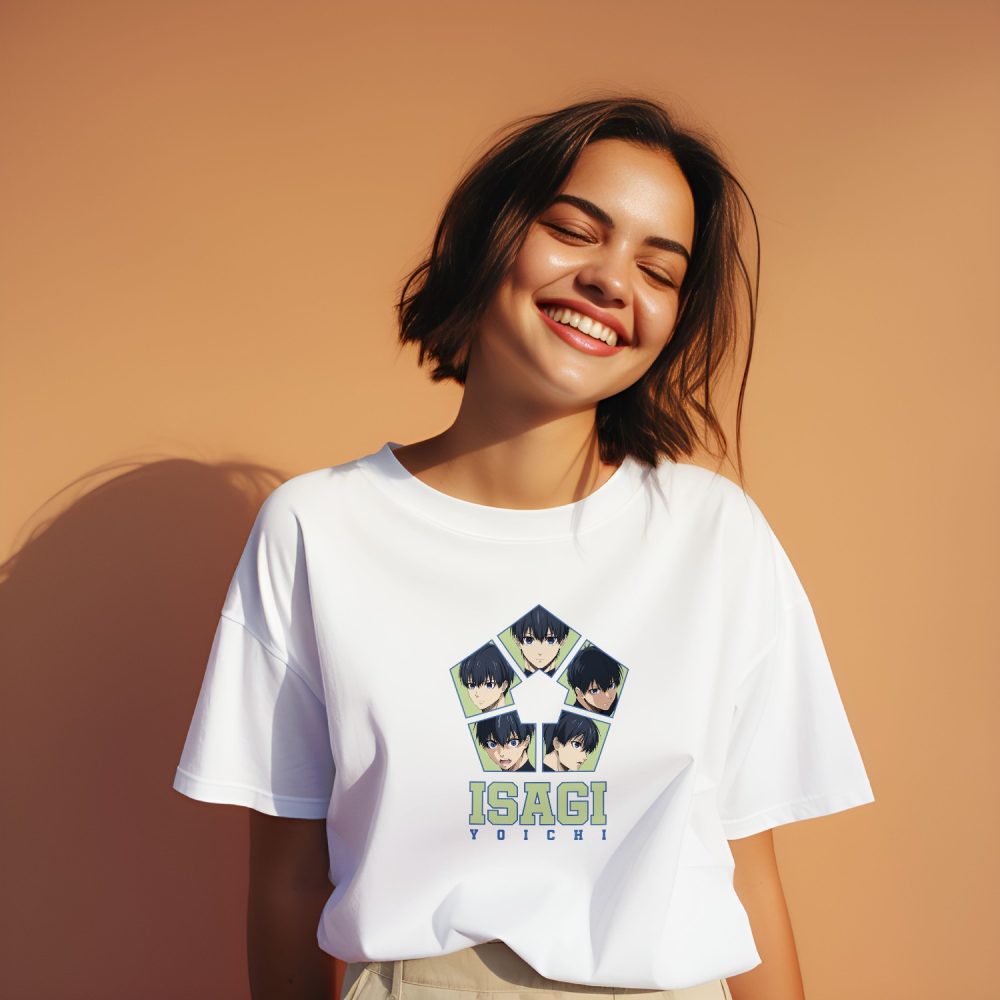T-shirt oversize coton bio Femme Bluelock avec un design de Bluelock Isagi Yoichi bleu