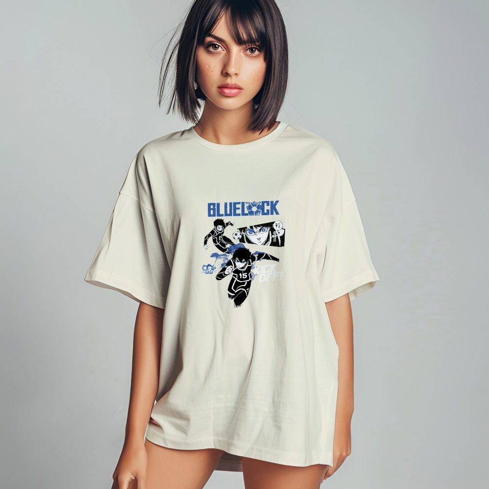 T-shirt oversize coton bio Femme Bluelock avec un design de Bluelock Kick Off bleu et blanc