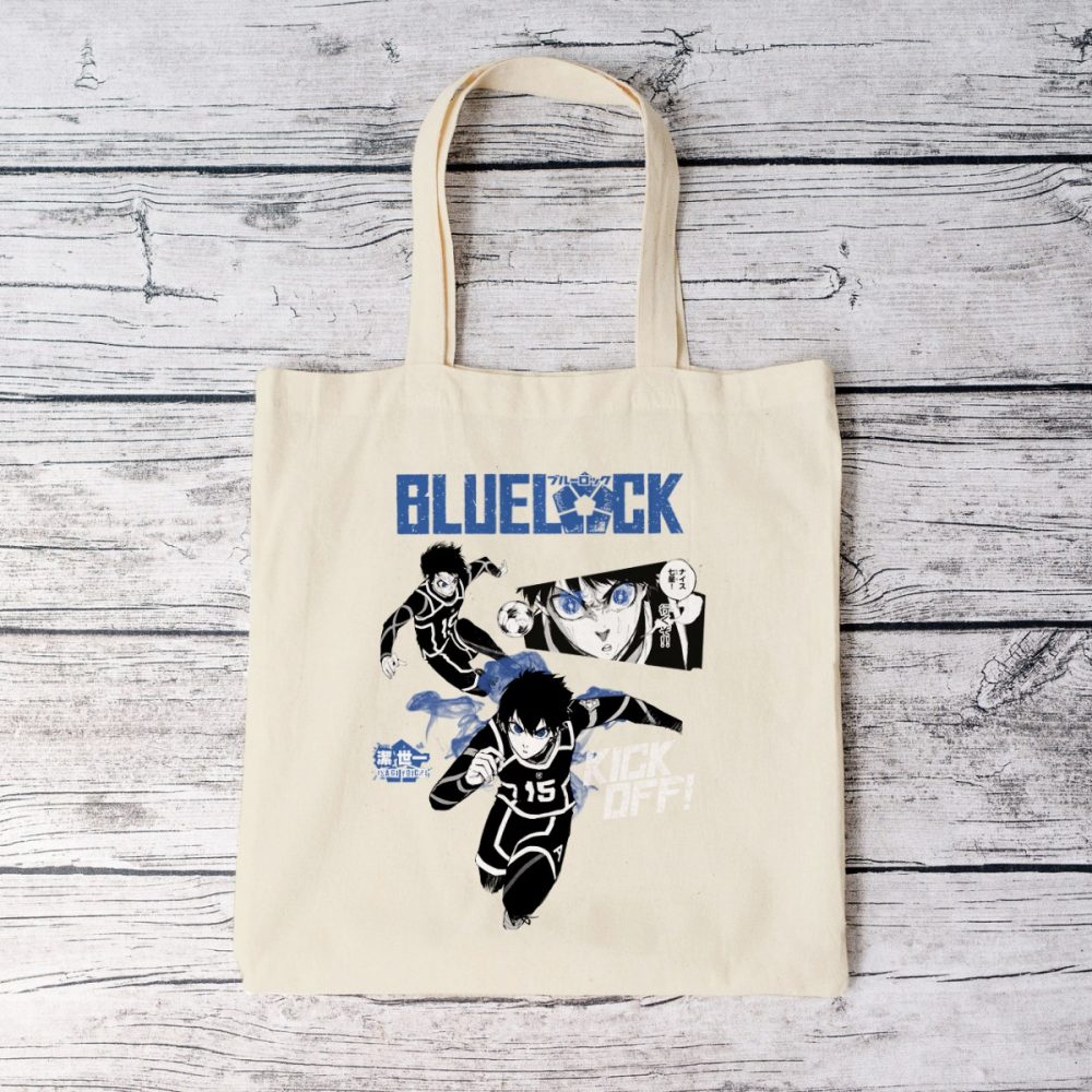 Tote bag coton bio Bluelock avec un design de Bluelock Kick Off bleu et blanc