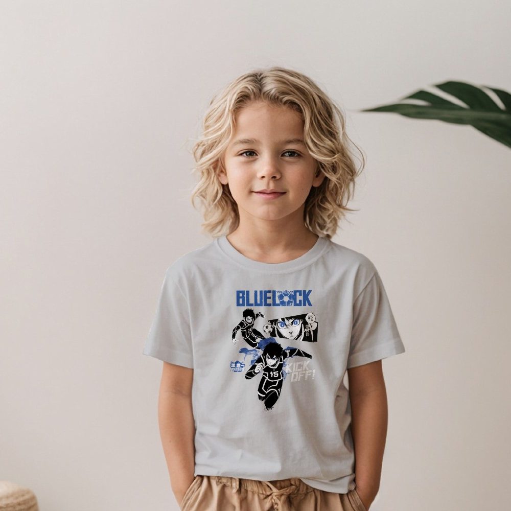 T-shirt Enfant Bluelock avec un design de Bluelock Kick Off bleu et blanc