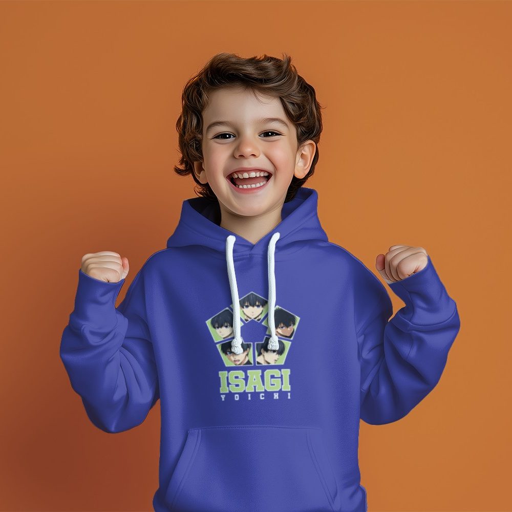 Pull à capuche Enfant Bluelock avec un design de Bluelock Isagi Yoichi blanc