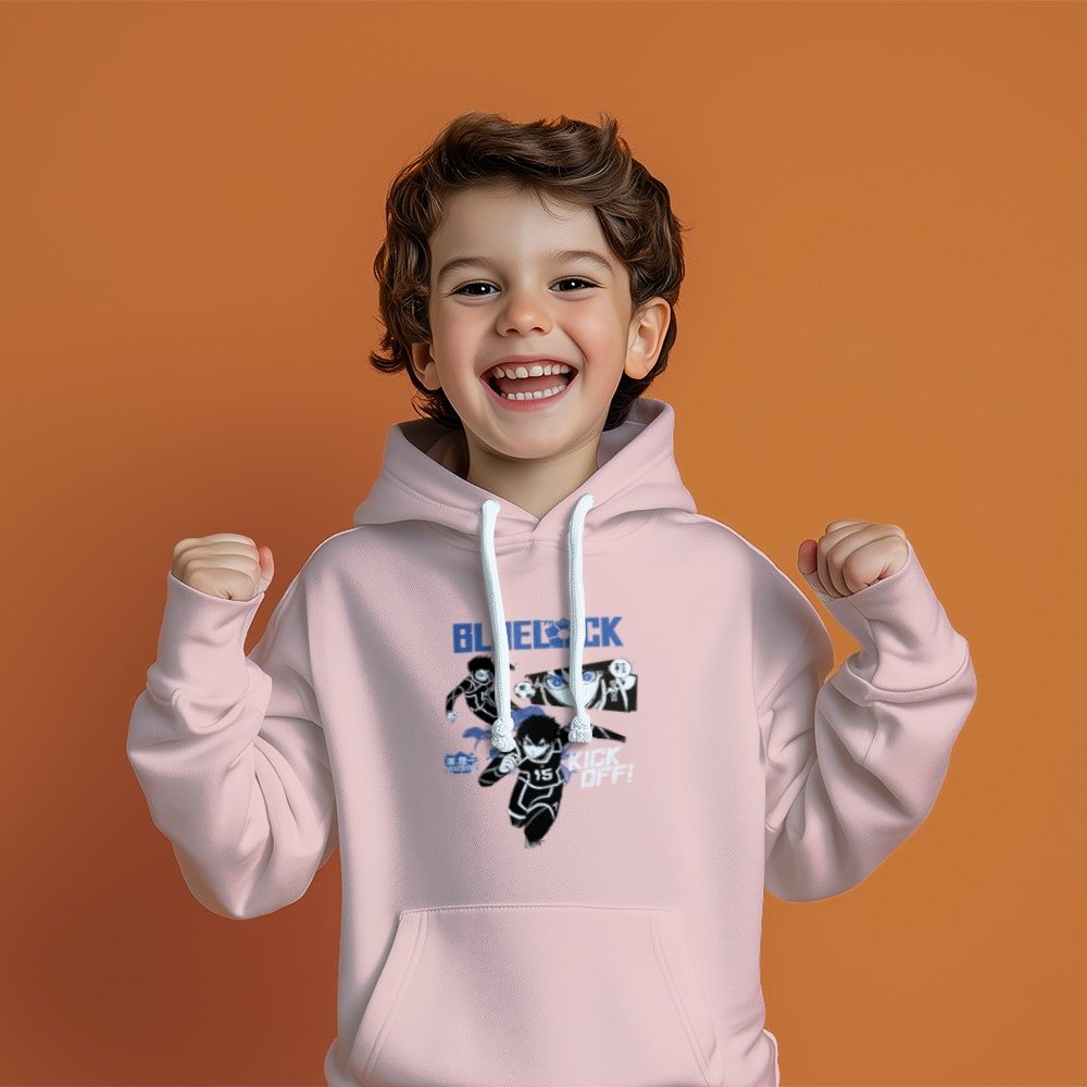 Pull à capuche Enfant Bluelock avec un design de Bluelock Kick Off bleu et blanc