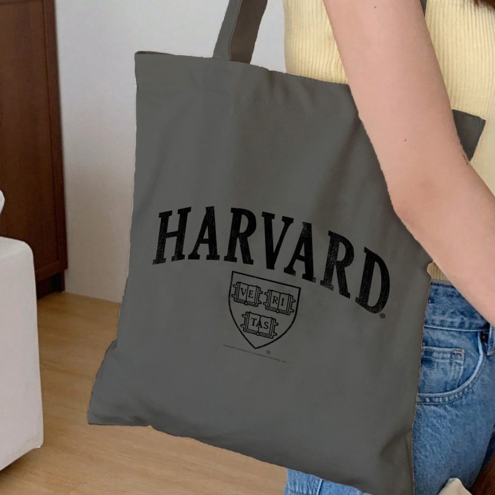 Tote bag coton bio Harvard avec un design de Harvard Arc Écusson Used Contour noir