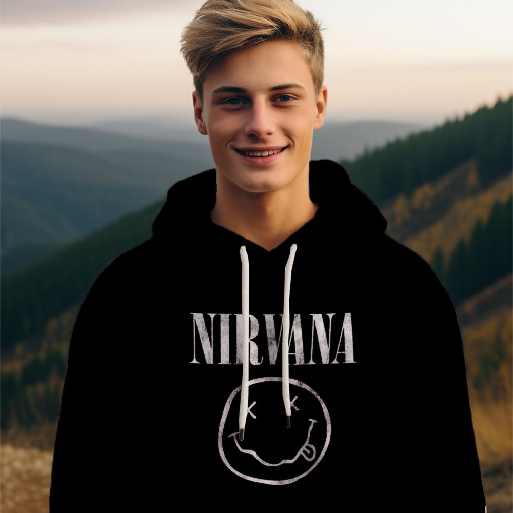 Sweat-shirt à capuche homme Nirvana avec un design de Nirvana Smiley blanc