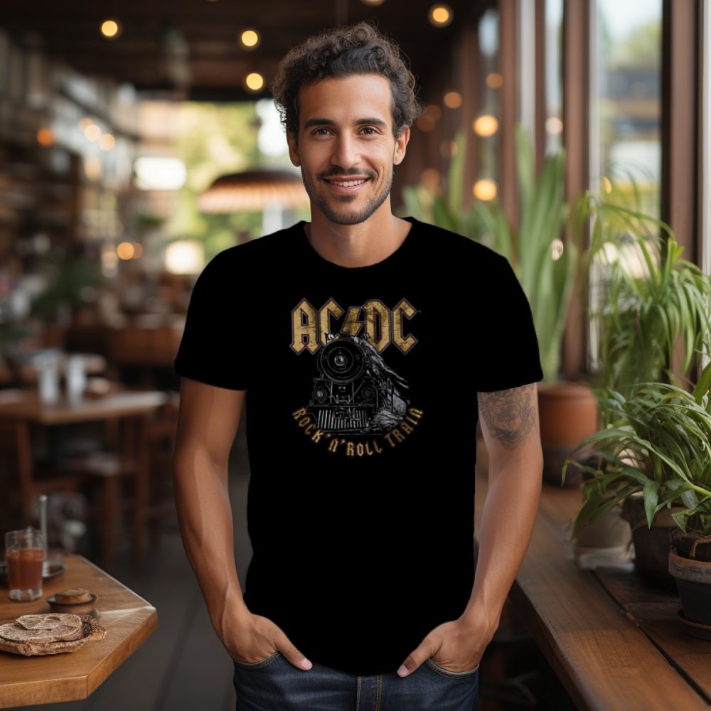 T-shirt Homme ACDC avec un design de ACDC Rock n' Roll Train blanc
