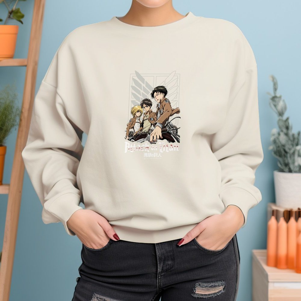 Sweat oversize coton bio Femme Attack On Titan avec un design de Attack On Titan Group blanc