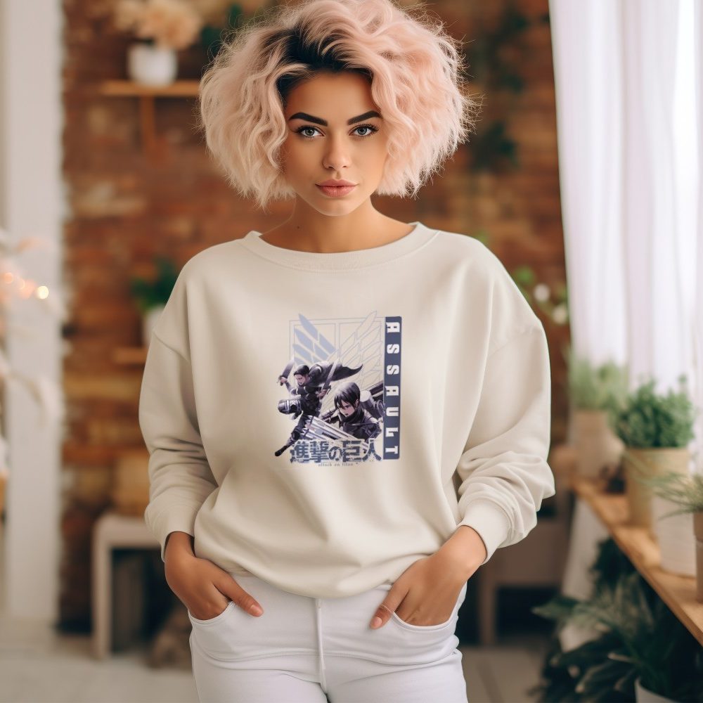 Sweat oversize coton bio Femme Attack On Titan avec un design de Attack On Titan Assault blanc