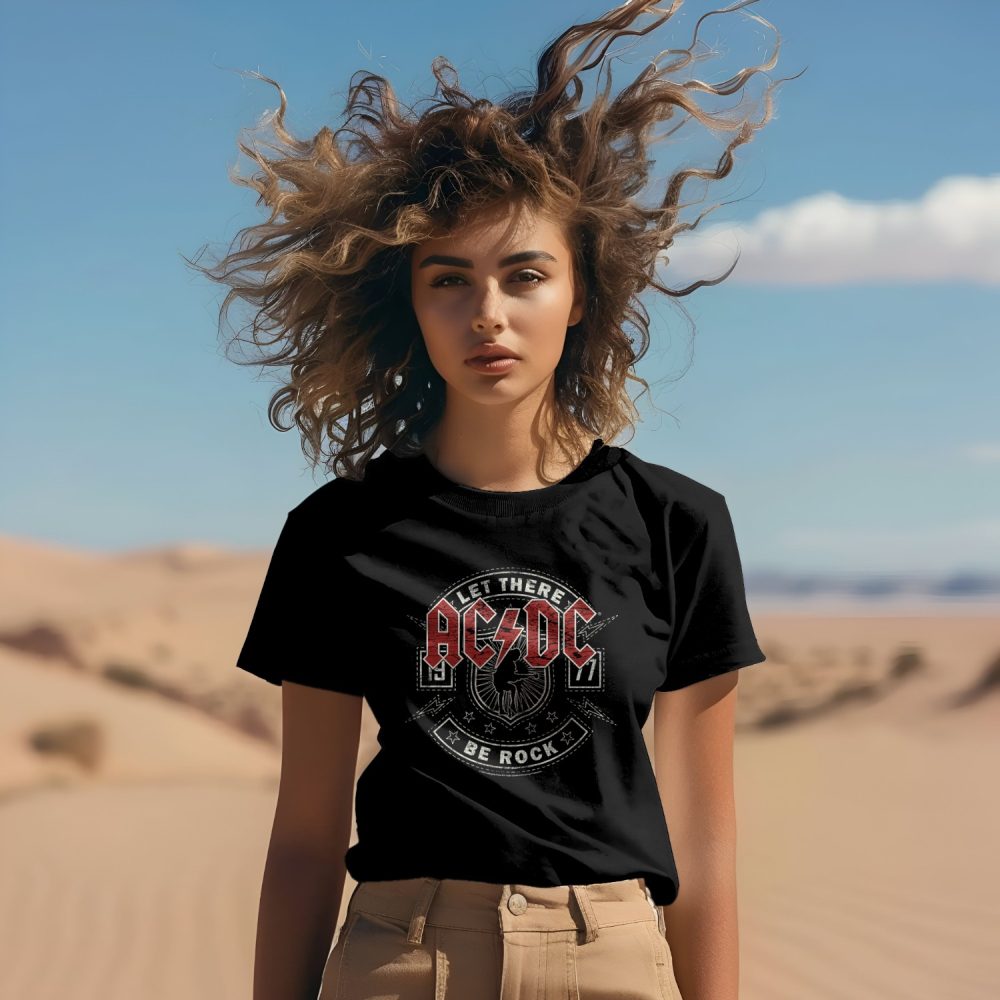 T-shirt femme ACDC avec un design de ACDC Let There Be Rock blanc