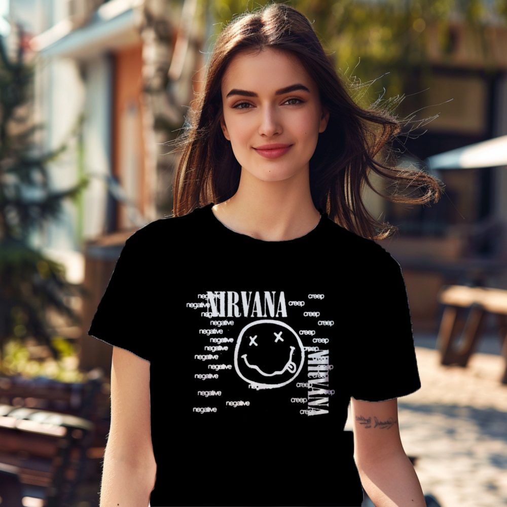 T-shirt femme Nirvana avec un design de Nirvana Negative Creep blanc