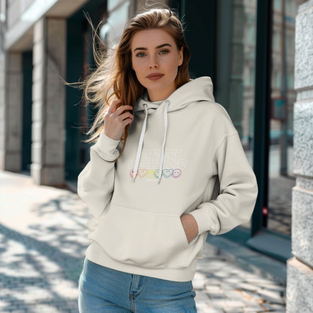 Sweat-shirt à capuche femme Smiley World avec un design de Smiley World Together We Are Love blanc