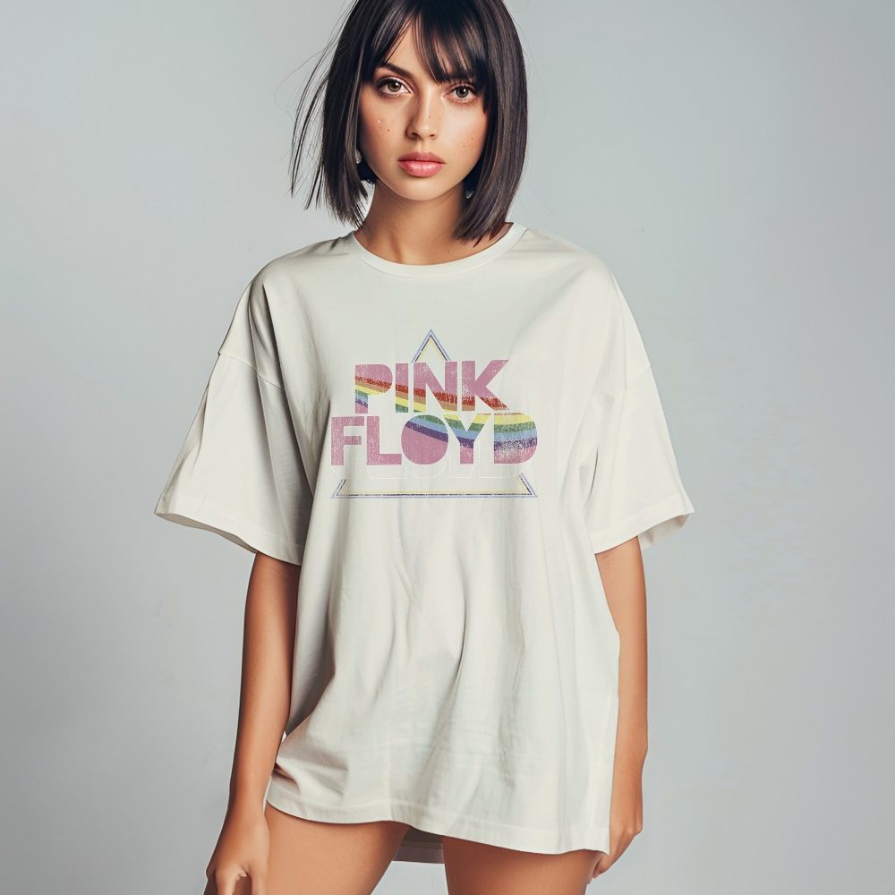 T-shirt oversize coton bio femme Pink Floyd avec un design de Pink Floyd Rainbow blanc