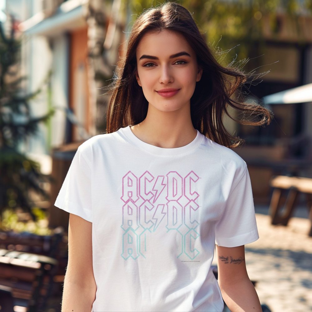 T-shirt femme ACDC avec un design de ACDC rose et bleu