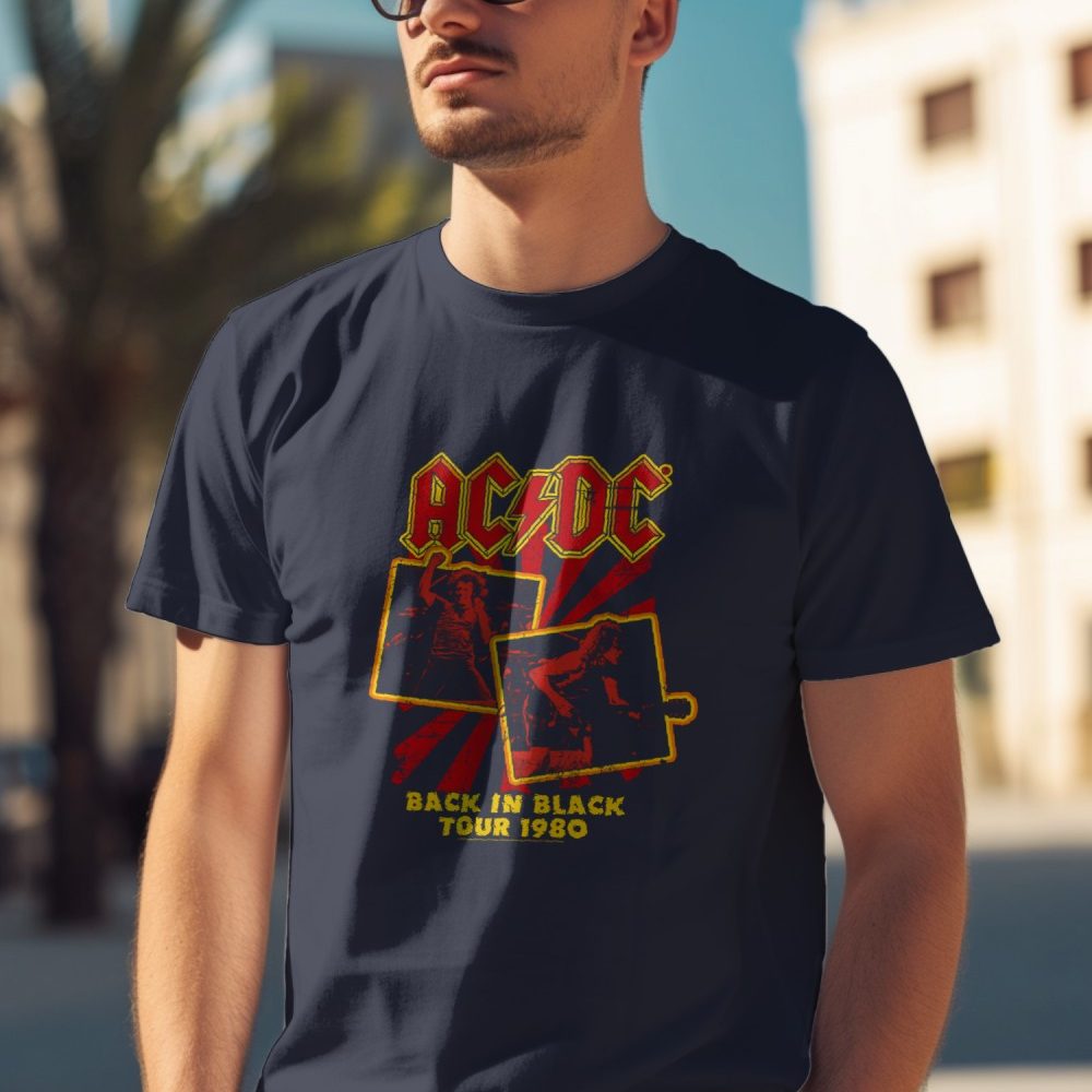 T-shirt homme ACDC avec un design de ACDC Back in Black Tour 1980