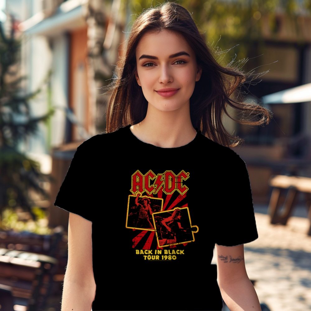 T-shirt Femme ACDC avec un design de ACDC Black in Black Tour 1980