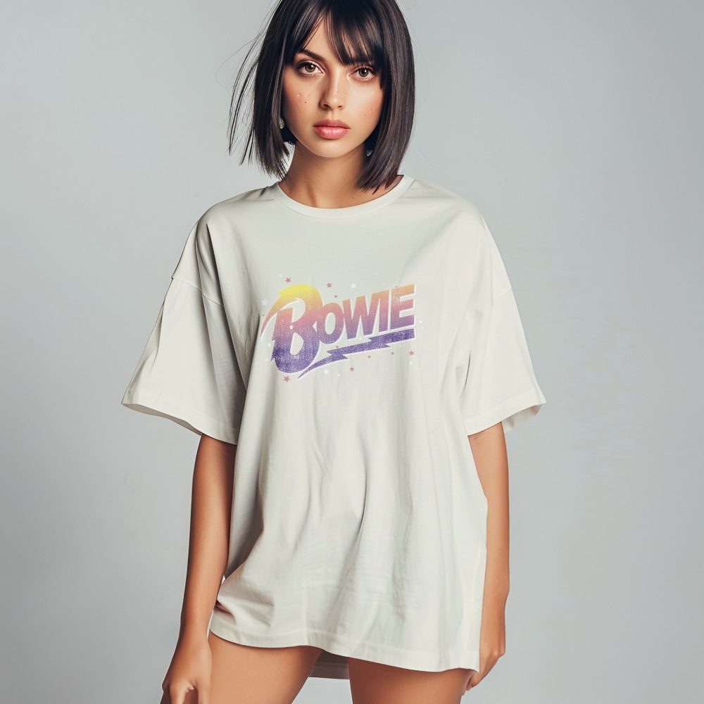 T-shirt bio oversize Femme Bowie avec un design de Bowie Dégradé jaune violet stars