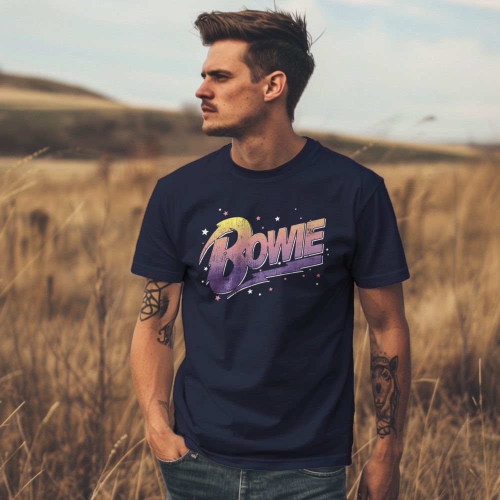 T-shirt Homme Bowie avec un design de Bowie Dégradé jaune violet stars